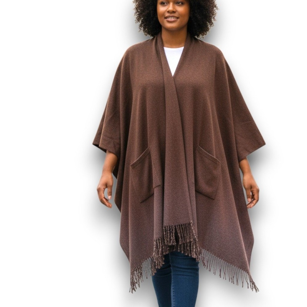 Woman Within Brown Open Front Fringe Hem Poncho Cape Pockets Oversized Cabincore - Picture 1 of 12